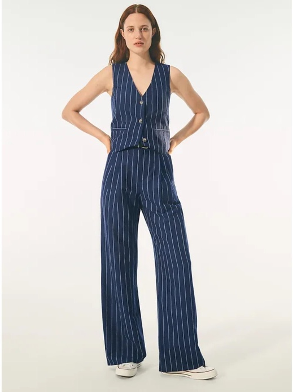 GAP Linen-Cotton Vest Pantsuit | XSmall | Navy Blue Pinstripe